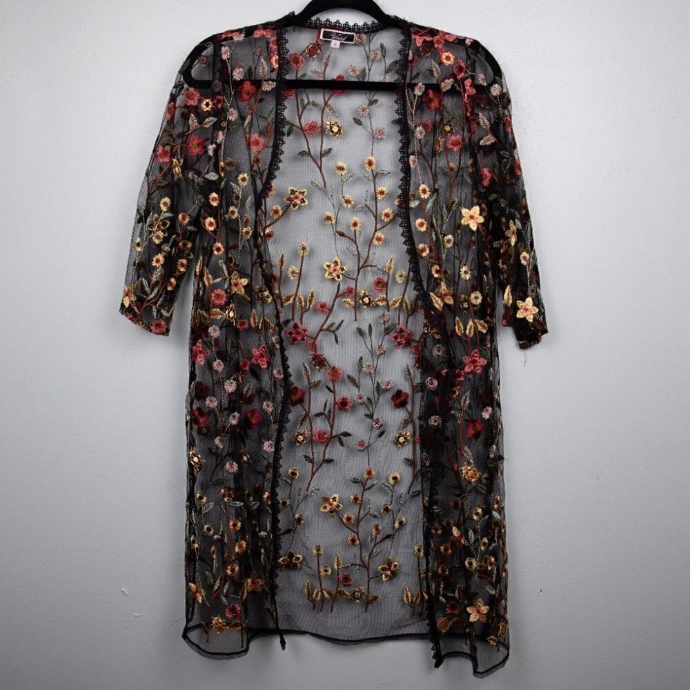 Black Sheer Floral Embroidered Swim Coverup Kimono